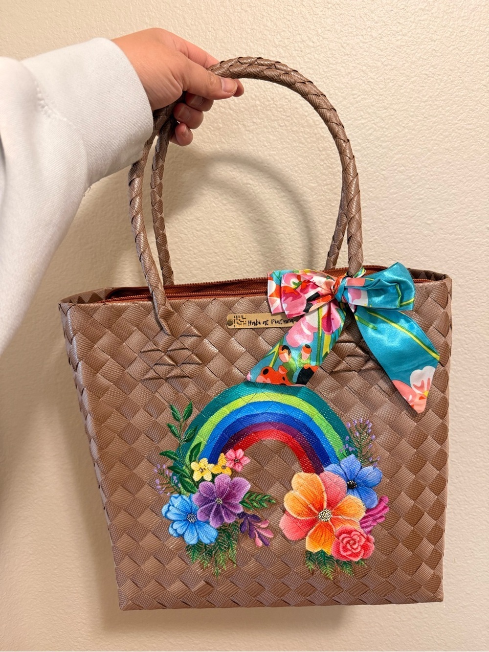 Habi at Pintura Rainbow Floral Plastic Bayong Waterproof Tote Bag Brown
